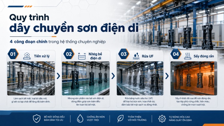 Các công đoạn chính trong quy trình dây chuyền sơn điện di trong sản xuất công nghiệp