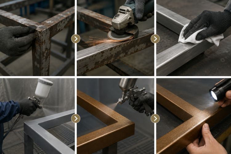 Bề mặt kim loại cần được làm sạch, xử lý gỉ và sơn lót trước khi hoàn thiện