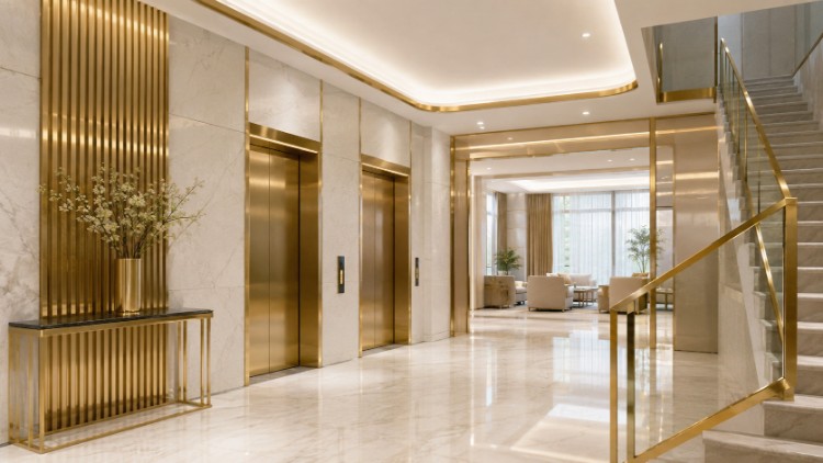 Inox mạ vàng tạo điểm nhấn sang trọng cho sảnh, thang máy